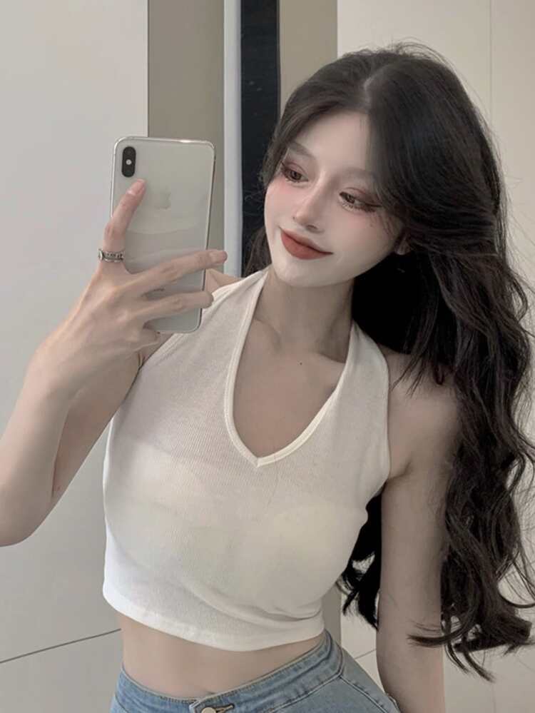 Solid Crop Halter Top - White - View 6