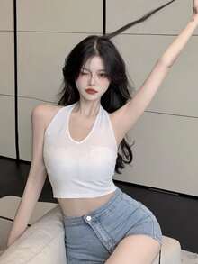 Solid Crop Halter Top - White - View 7