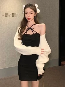 Criss Cross Tie Front Bodycon Dress Without Cardigan