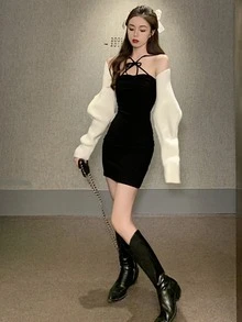 Criss Cross Tie Front Bodycon Dress Without Cardigan