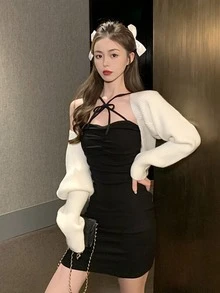 Criss Cross Tie Front Bodycon Dress Without Cardigan