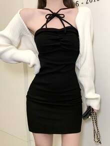 Criss Cross Tie Front Bodycon Dress Without Cardigan