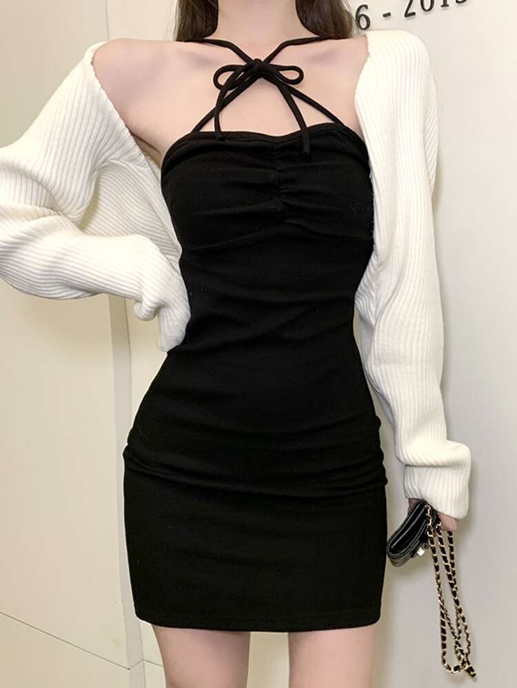 交叉前繫帶緊身洋裝不附帶開襟衫 - 黑色 - 查看 5