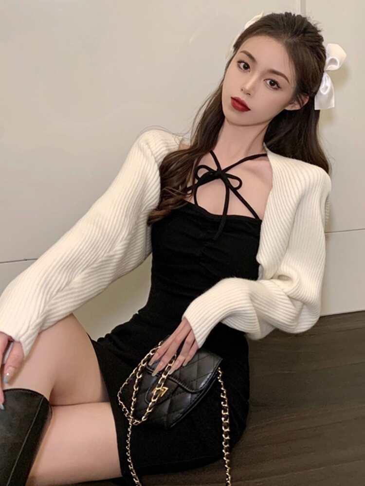 交叉前繫帶緊身洋裝不附帶開襟衫 - 黑色 - 查看 7