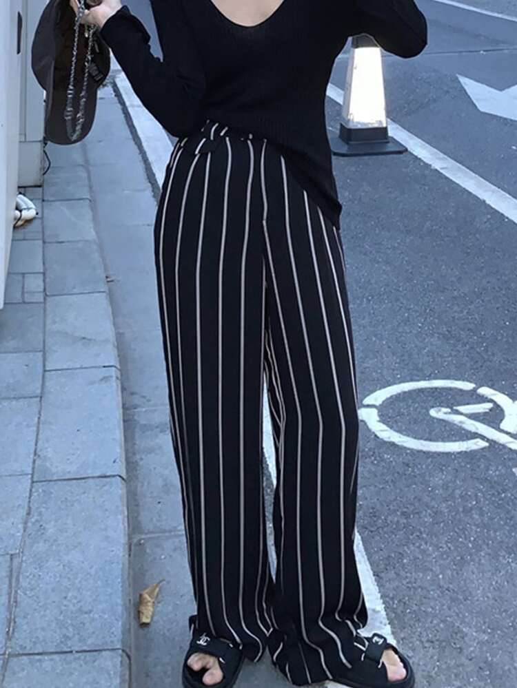 Vertical Stripe Wide Leg Pants - Black - View 2