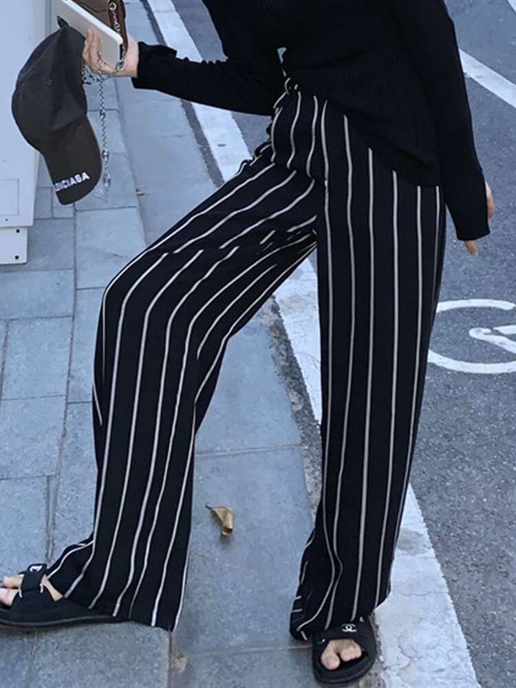 Vertical Stripe Wide Leg Pants - Black - View 3