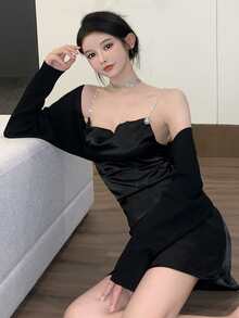 Solid Bolero Shrug Cardigan - Black - View 2