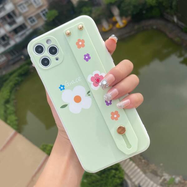 

Flower Painted Phone Case With Wristband Holder, Multicolor