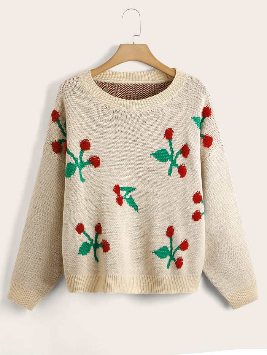 大碼花朵圖案落肩袖套頭毛衣 - 杏色 - 查看 1