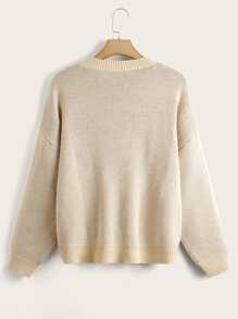 大碼花朵圖案落肩袖套頭毛衣 - 杏色 - 查看 2