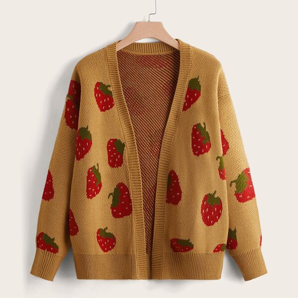 

Plus Strawberry Pattern Drop Shoulder Cardigan, Ginger