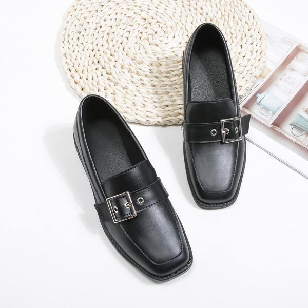 

Girls Square Toe Buckle Decor Loafers, Black