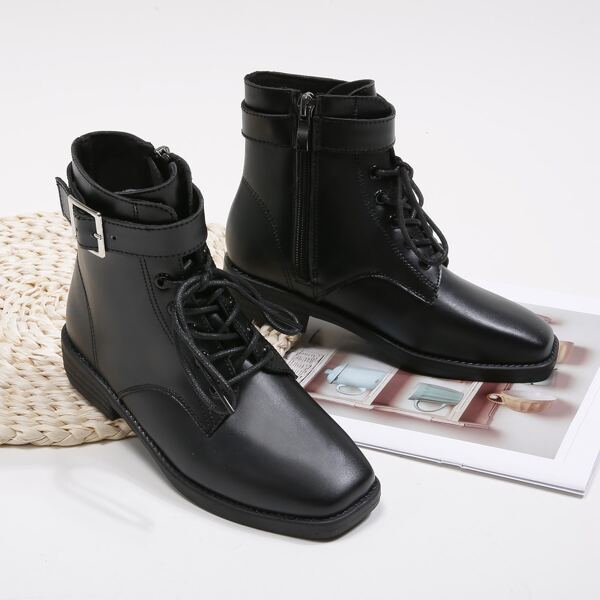 

Girls Buckle Decor Lace Up Front Combat Boots, Black