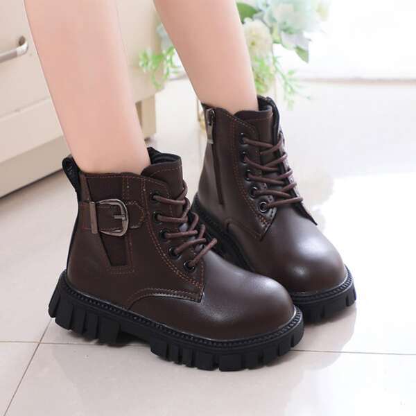 

Toddler Girls Buckle Decor Combat Boots, Chocolate brown
