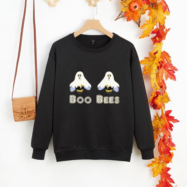 

Plus Halloween And Letter Graphic Thermal Lined Sweatshirt, Black