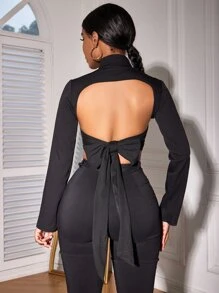 Slaydiva 交叉鏤空後背繫帶上衣 - 黑色 - 查看 2