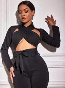 Slaydiva 交叉鏤空後背繫帶上衣 - 黑色 - 查看 4