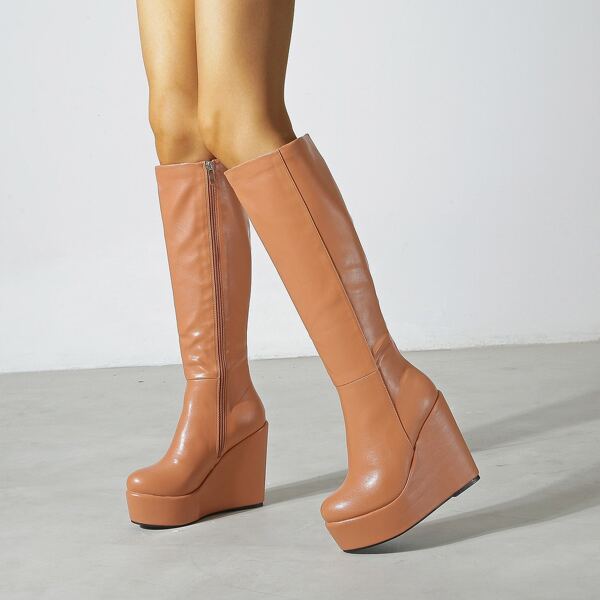 

Side Zipper Knee Wedge Boots, Camel
