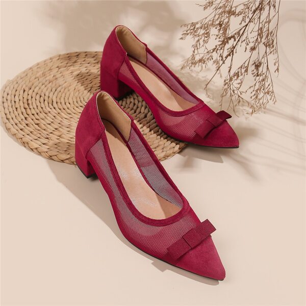 

Bow Decor Mesh Chunky Court Heels, Burgundy