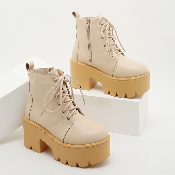 

Lace-up Front Side Zipper Flatform Boots, Apricot