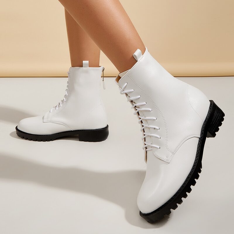

Lace Up Design Back Zipper Combat Boots, White