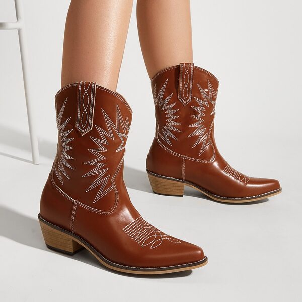 

Embroidery Detail Chunky Heeled Western Boots, Brown