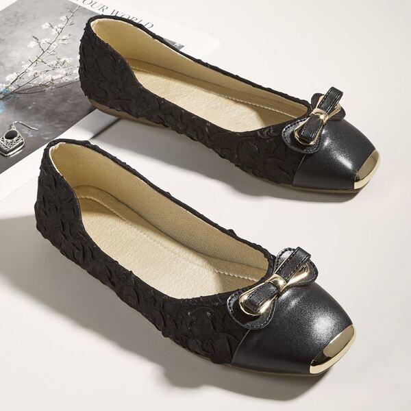 

Bow Decor Textured Square Toe Flats, Black