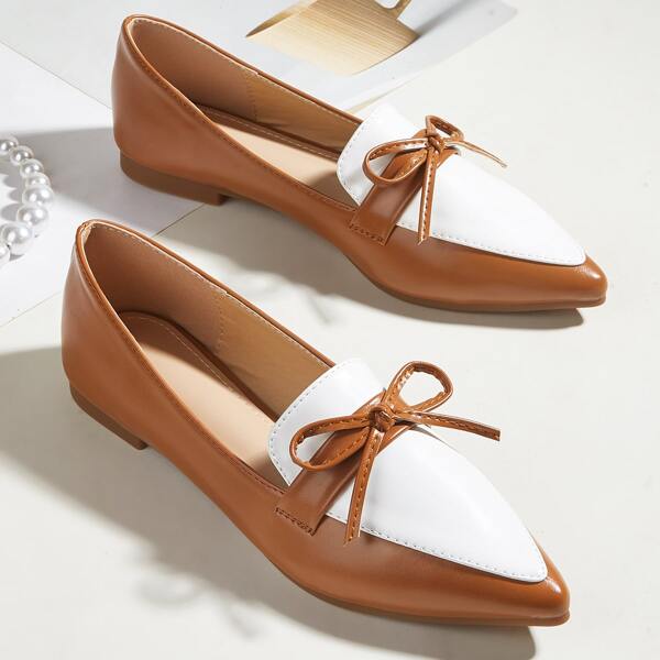 

Two Tone Bow Decor Point Toe Flats, Brown