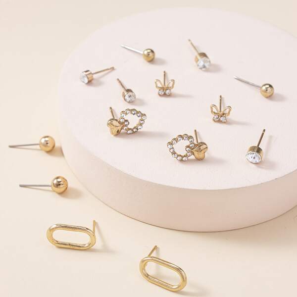 

7pairs Rhinestone Decor Stud Earrings, Gold
