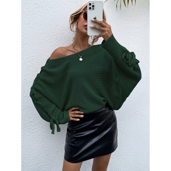 

Boat Neck Lace Up Dolman Sleeve Sweater, Green