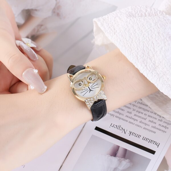

Rhinestone Decor Cat Dial Quartz Watch