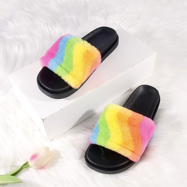 

Fluffy Colorblock Slides, Multicolor