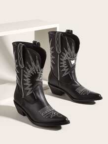 素色刺繡設計西部牛仔靴 - 黑色 - 查看 1
