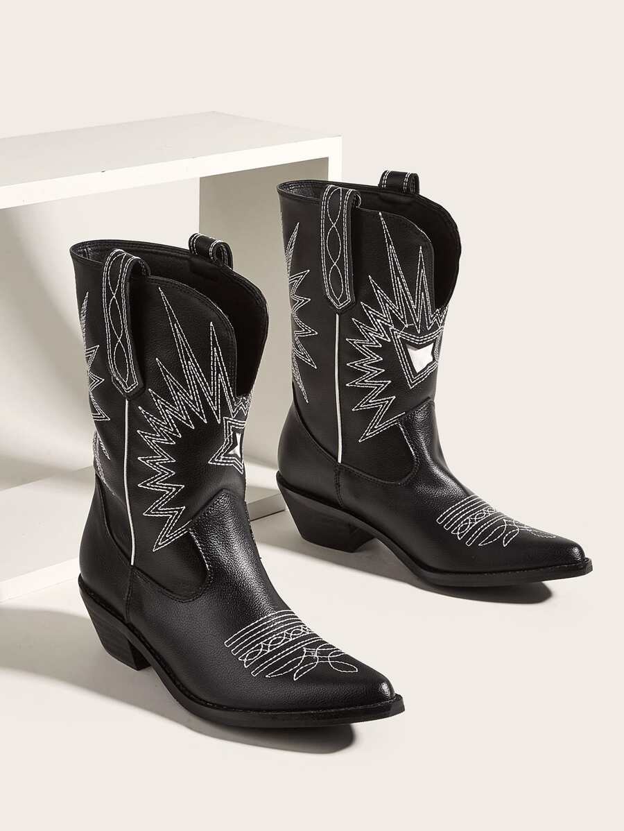 素色刺繡設計西部牛仔靴 - 黑色 - 查看 1