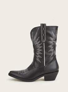 素色刺繡設計西部牛仔靴 - 黑色 - 查看 2