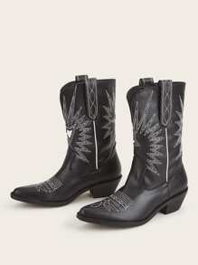 素色刺繡設計西部牛仔靴 - 黑色 - 查看 3