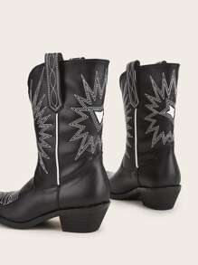 素色刺繡設計西部牛仔靴 - 黑色 - 查看 4