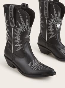 素色刺繡設計西部牛仔靴 - 黑色 - 查看 5