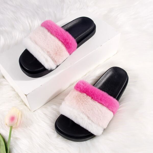 

Fluffy Colorblock Slides, Multicolor