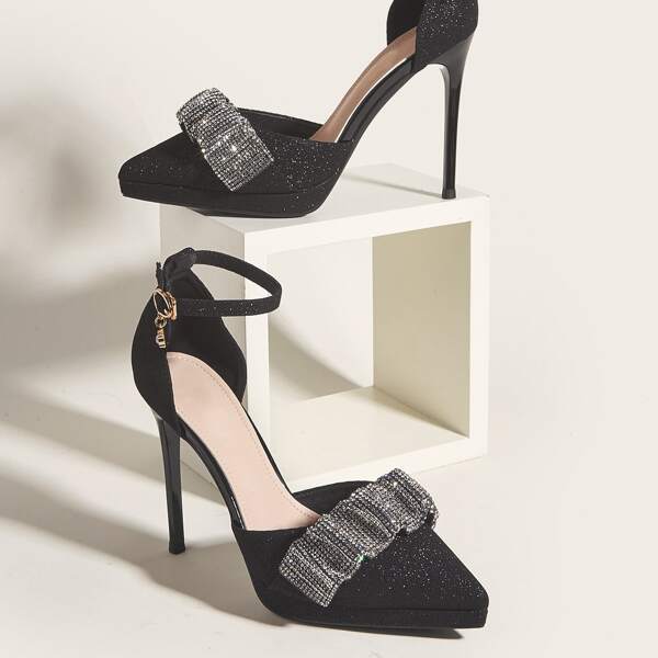 

Rhinestone & Glitter Decor Ankle Strap Pumps, Black