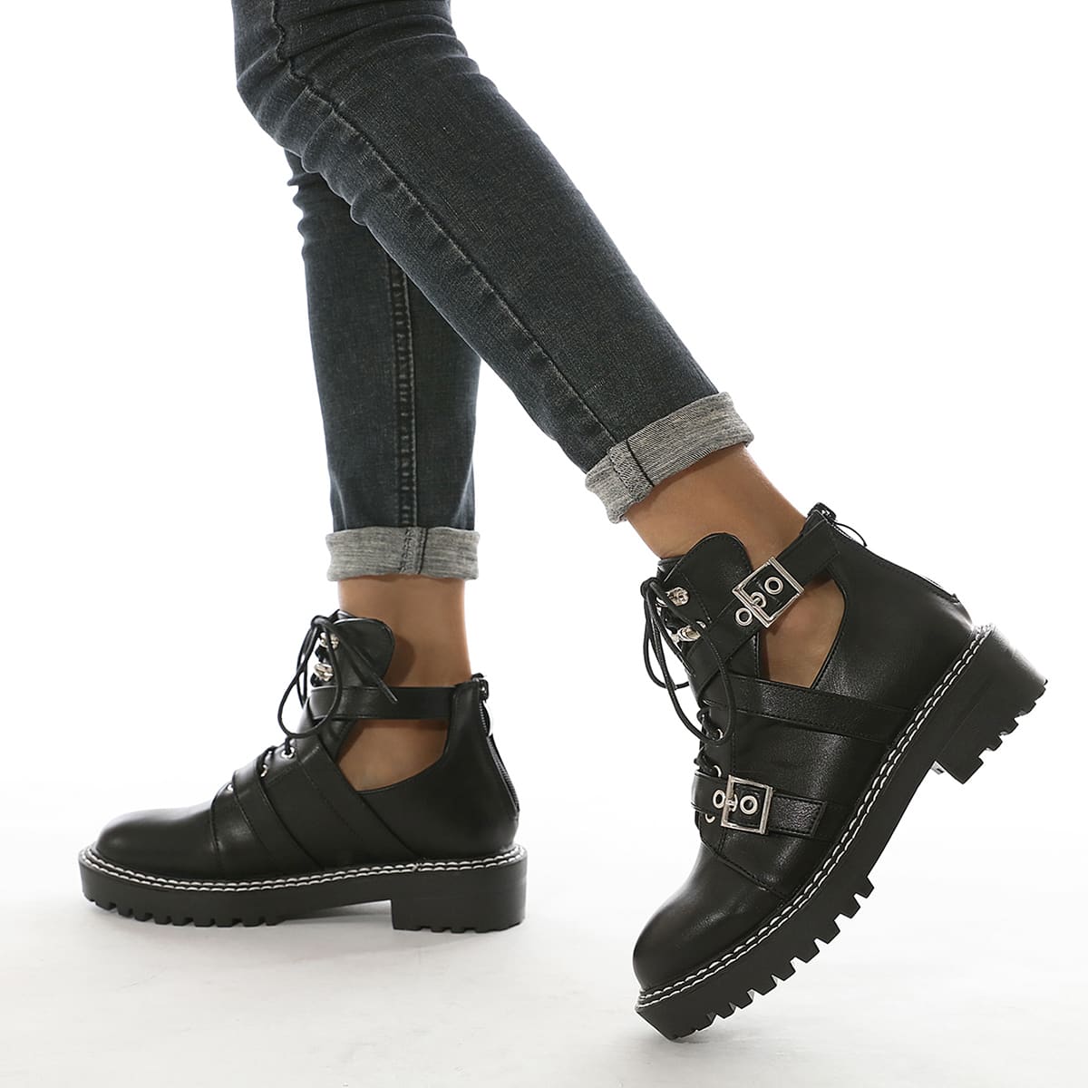 

Buckle Decor Lace-up Back Zip Combat Boots, Black