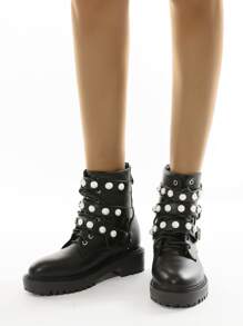 人造珍珠和搭扣裝飾馬丁靴 - 黑色 - 查看 3