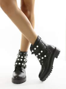 人造珍珠和搭扣裝飾馬丁靴 - 黑色 - 查看 4