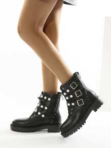 人造珍珠和搭扣裝飾馬丁靴 - 黑色 - 查看 6