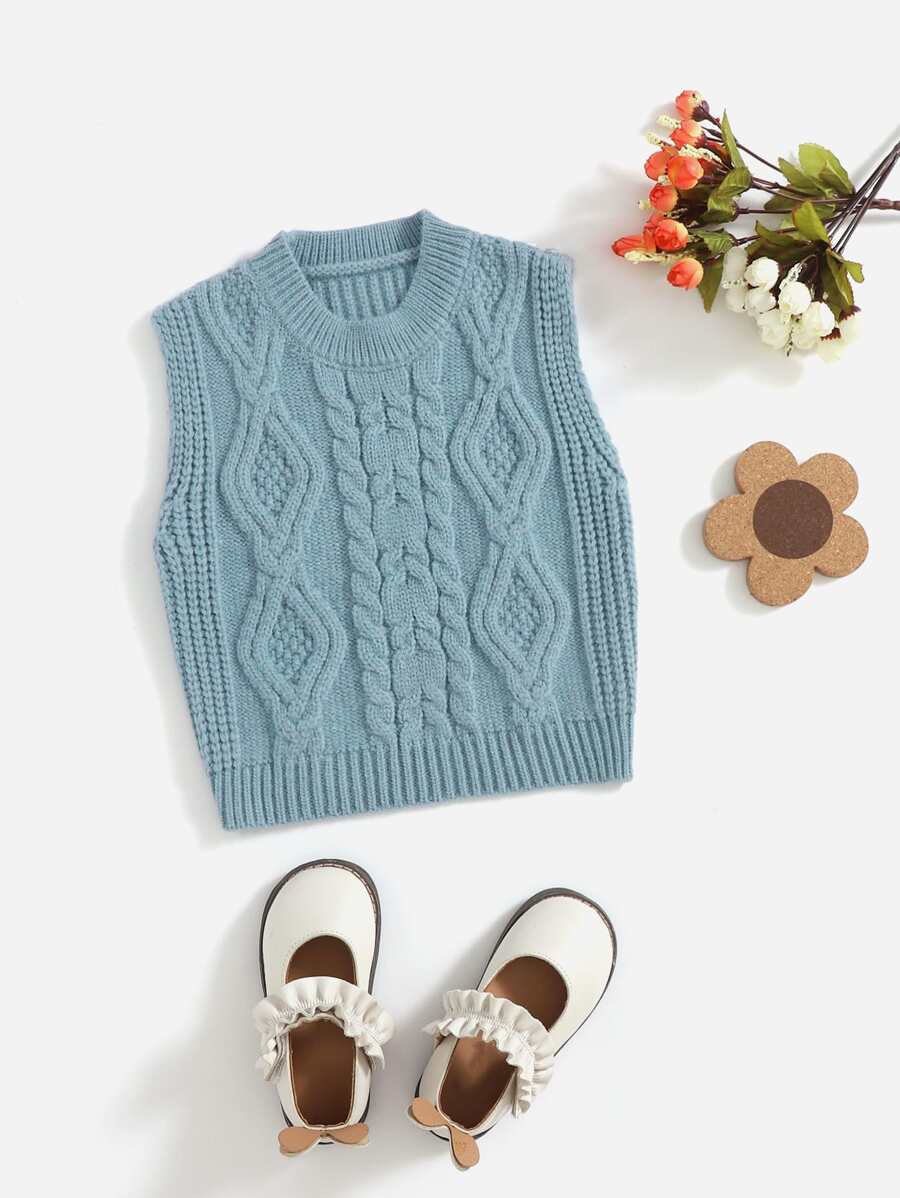 小女童麻花編織毛衣背心 - 霧霾藍 - 查看 1