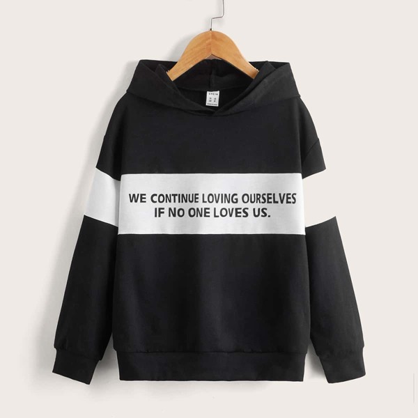 

Boys Slogan Graphic Colorblock Hoodie, Black and white
