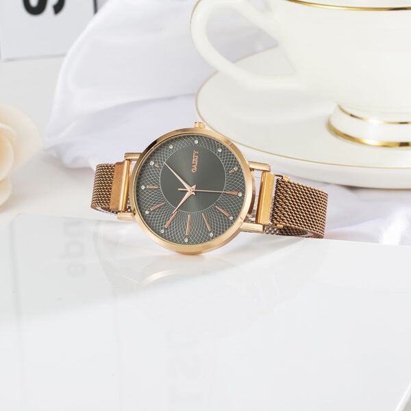

Rhinestone Decor Round Pointer Mesh Strap Quartz Watch