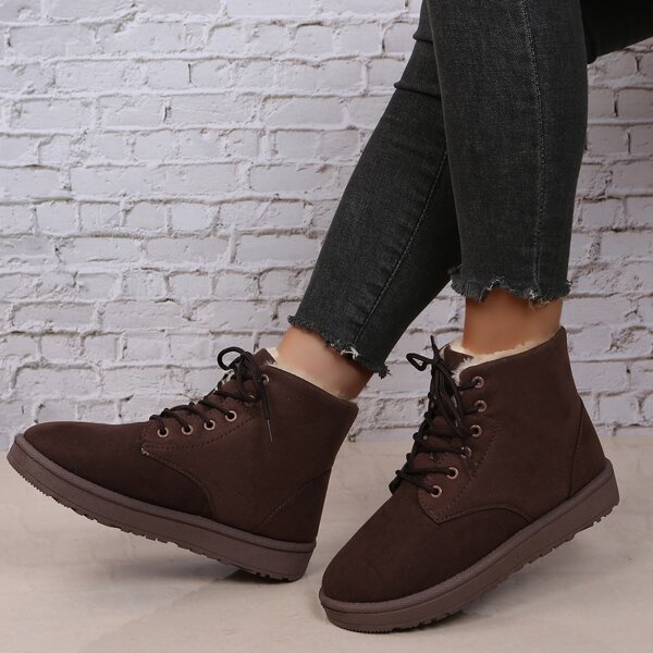 

Corduroy Fuzzy Lace-up Front Snow Boots, Coffee brown