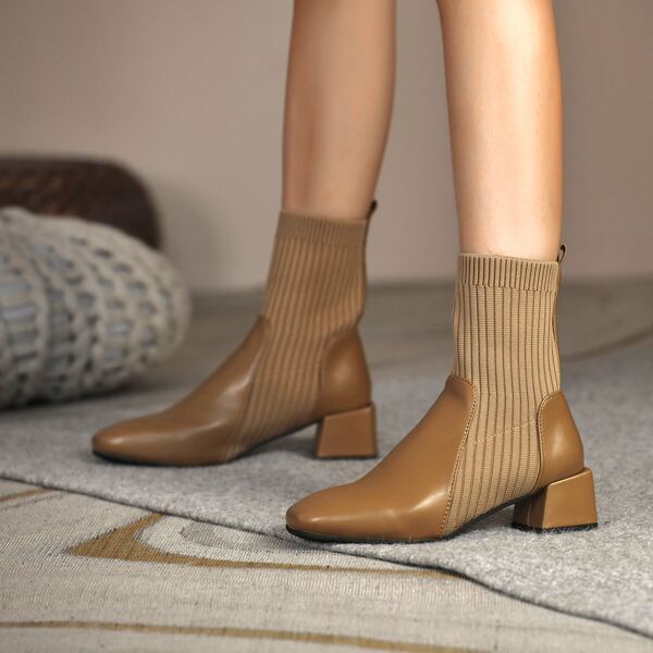 

Panel Design Chunky Heeled Sock Boots, Khaki