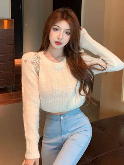 Rhinestone Detail Eyelet Crop Sweater